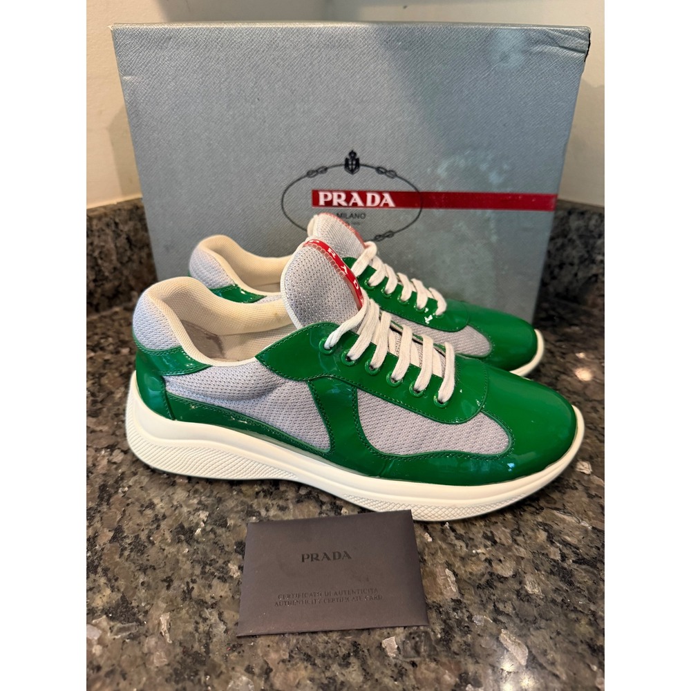 Prada Americas Cup Sneakers Green Patent Leather Mesh Low Top 4E 3390 Mens 8